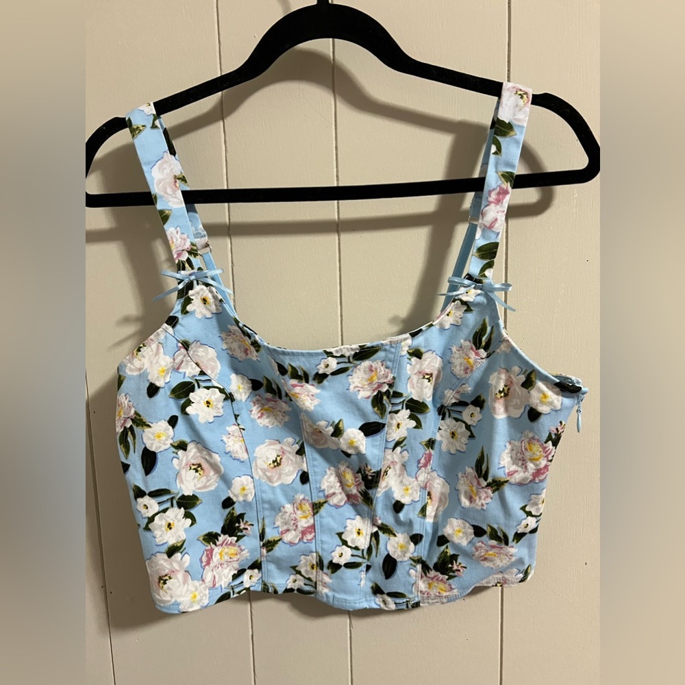 Victoria’s Secret size large baby blue white floral stretch corset size zip bows